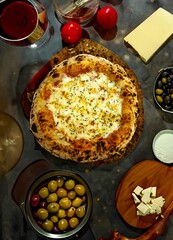 The best and most perfect pizza in the world, in portrait format, top view, and fine art. Chicken with catupiry cheese.