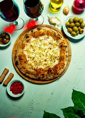 The best and most perfect pizza in the world, in portrait format, top view, and fine art. Chicken with catupiry cheese.