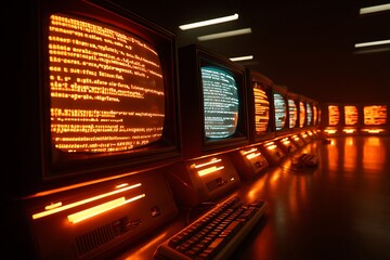 Retro Computer Room with Glowing Orange Screens and Keyboards, Vintage Tech