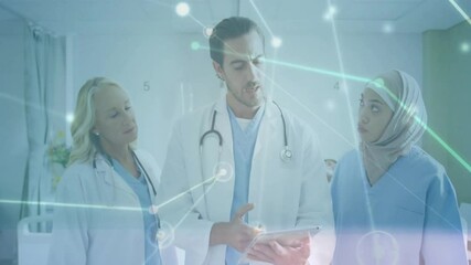 Medical team reviewing data on tablet following nurse tap with network overlay highlighting charts - Powered by Adobe