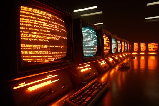 Retro Computer Room with Glowing Orange Screens and Keyboards, Vintage Tech - Powered by Adobe