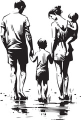 Black and White Vector Illustration of a Family with Two Children Walking Away