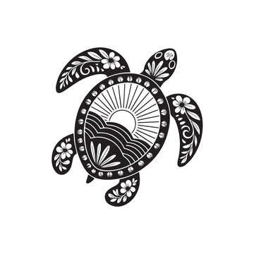 A beautifully illustrated sea turtle, adorned with intricate floral patterns and a sun motif on its shell, symbolizes peace and natures beauty