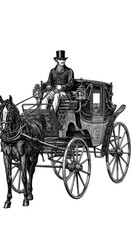 Fototapeta premium Antique Black and White Carriage Illustration with Horse and Driver
