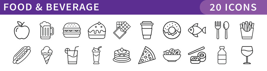 Food and Beverage Icons Set, A collection of 20 digital icons representing food, beverages, and dining elements, including popular dishes, drinks, and snacks.

