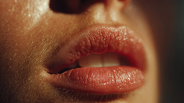 Daily affirmation of mind renewal concept. Close-up of soft, glossy lips with natural shine and detail.