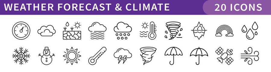 Weather Forecast and Climate Icons Set, A collection of 20 icons representing weather forecast and climate conditions, including sunshine, rain, snow, and storm symbols.
