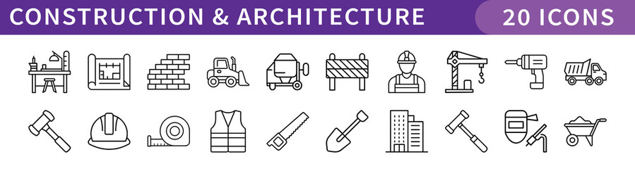 Construction and Architecture Icons Set, A collection of 20 icons representing construction and architecture, including tools, equipment, building materials, and construction workers.
