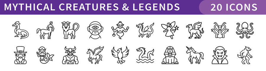 Mythical Creatures and Legends Icons Set, A collection of 20 icons representing mythical creatures and legendary beings, including unicorns, dragons, griffins, and other fantasy creatures.
