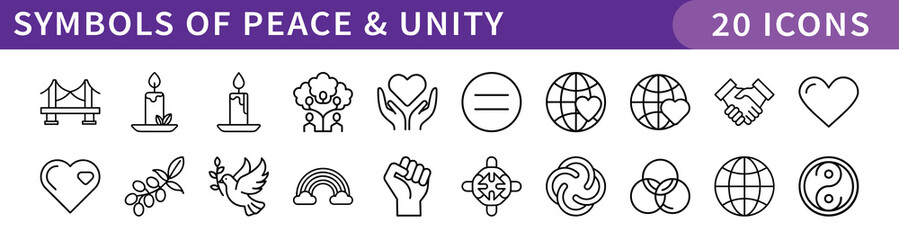 Symbols of Peace and Unity Icons Set, A collection of 20 icons representing symbols of peace and unity, including peace signs, hearts, equality, and global harmony.
