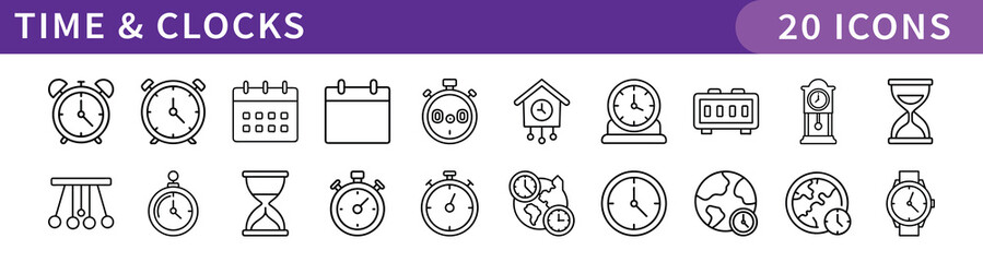 Time and Clocks Icons Set, A collection of 20 icons representing various timekeeping devices, including clocks, calendars, hourglasses, and stopwatches.
