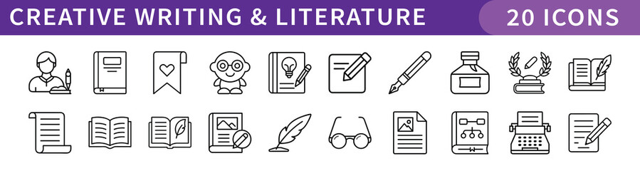 Creative Writing and Literature Icons Set, A collection of 20 icons representing creative writing and literature, including books, pens, writing tools, and literary symbols.
