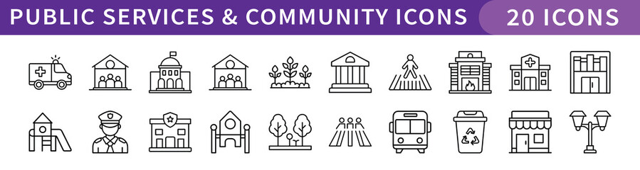 Public Services and Community Icons Set, A collection of 20 icons representing public services and community features, including government buildings, parks, emergency services, and community centers.