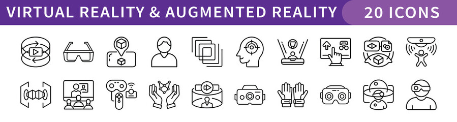 Virtual Reality and Augmented Reality Icons Set, A collection of 20 icons representing virtual reality (VR) and augmented reality (AR) technologies, including VR headsets, users, and immersive environ