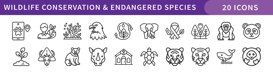 Wildlife Conservation and Endangered Species Icons Set, A set of 20 icons representing wildlife conservation efforts and endangered species, featuring animals, habitats, and conservation symbols.
