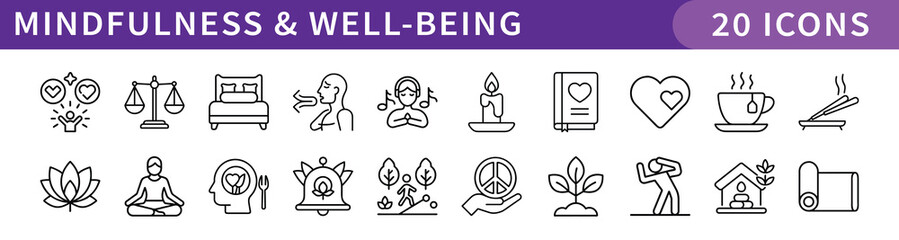 Mindfulness and Well-Being Icons Set, A set of 20 icons representing mindfulness and well-being practices, including yoga, meditation, balance, and self-care symbols.

