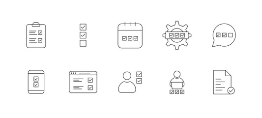 Ten black outline icons representing task management checklists and progress on a white background