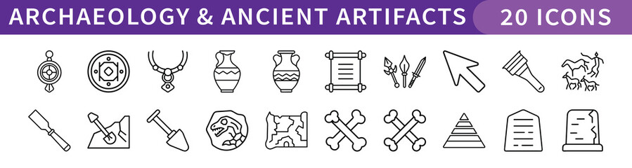 Archaeology and Ancient Artifacts Icons Set, A set of 20 icons representing archaeological tools, ancient artifacts, and historical symbols like pottery, tools, and pyramids.
