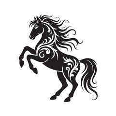 Obraz premium A majestic black horse with an ornate, flowing mane and tail, rearing up powerfully