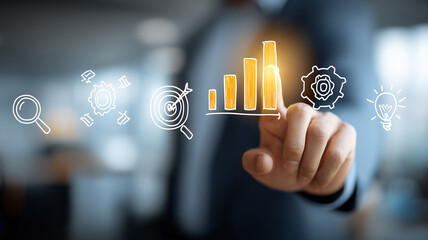 A Targeted Business Growth Analytics concept shown with hand-drawn icons and a highlighted bar chart indicating rising performance.
