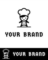 Cute cartoon style chef logo featuring a smiling girl character with a chef's hat and buttons