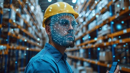 Warehouse worker with facial recognition overlay on face