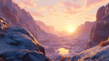 Snowy mountain pass at sunset