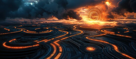 Fiery, alien landscape under a dramatic sky