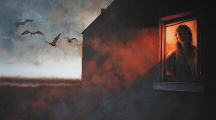 A woman gazes pensively from a window glowing with warm light, while birds fly over a misty landscape at dusk.
