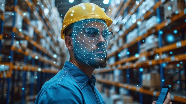 Warehouse worker with facial recognition overlay on face