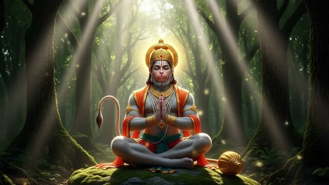 Divine meditation in mystical forest light rays spiritual Hanuman serene yogic pose tranquil