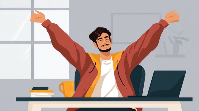 A man stretches with arms wide open, sitting at a desk with a laptop, books, and a coffee mug in a bright, cozy office setting.