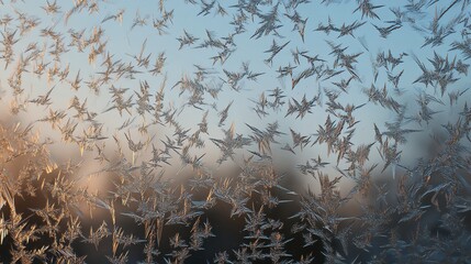 Frost crystals form intricate patterns on a window, with a soft gradient sky visible in the background during early morning or evening light.
