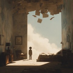A child stands in a dim room filled with floating papers, gazing out into a bright, cloudy sky through a large open doorway.