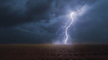 Lightning bolts strike a dry, cracked earth under a dark, stormy sky, highlighting the raw power of nature during a thunderstorm.