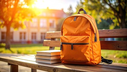 Orange backpack on park bench with books