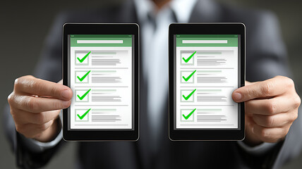 A dual Audit Comparison concept illustrated by two digital checklists with complete approval marks presented side by side.