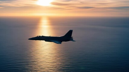 Dramatic Silhouette Of A Fighter Jet Flying Over The Ocean At Sunset With Golden Light Reflecting On Rippling Water Creating A Captivating Seascape