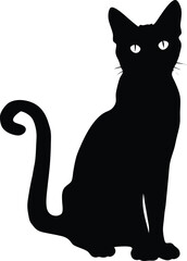 Black Cat Silhouette with Glowing Eyes, Mysterious Sitting Feline Vector Illustration