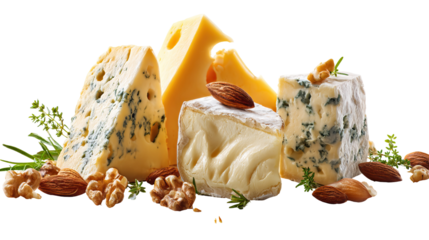 Cheese platter with brie, cheddar, gouda, and blue cheese on transparent background

