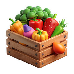 Photo of a wooden crate filled with colorful 3d vegetables represents fresh, organic produce and healthy eating isolated on transparent background