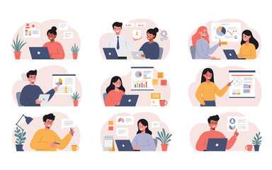 Diverse professionals collaborating and presenting data using laptops and charts.