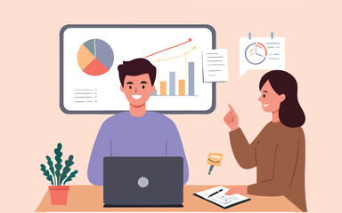 Two colleagues discussing data analysis with charts and graphs on display.