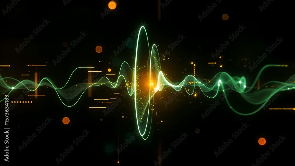 Wall mural glowing green lines and digital light create an abstract medical health and analog data communicatio