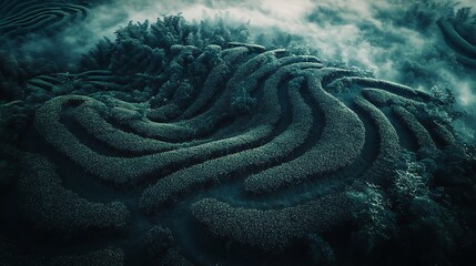 Aerial View of Lush Green Fields Arranged in Curvy Pattern
