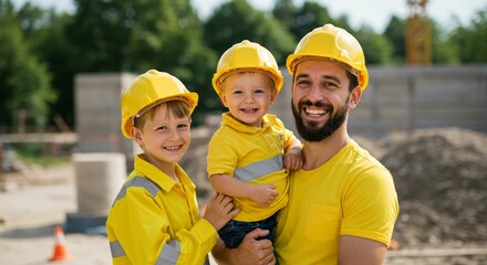 Happy family at construction site