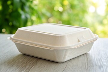 Eco-friendly disposable food container on a wooden surface
