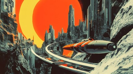 Spaceship Flying Above City in a Sci-fi Landscape with Orange Sky