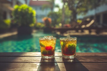 Two cocktails on a wooden table by a pool