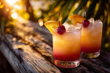 Two sunset cocktails on a wooden deck